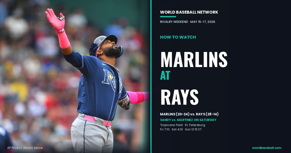 Tampa Bay Rays third baseman Junior Caminero celebrates a home run against the Boston Red Sox at Fenway Park on May 10, 2026. The Rays (28-14) host the Miami Marlins (20-24) for Rivalry Weekend at Tropicana Field May 15-17.