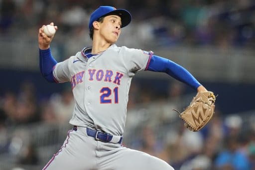FILE - New York Mets relief pitcher Jonah Tong (21) throws during the seventh inning of a baseball game against the Miami Marlins, May 22, 2026, in Miami. (AP Photo/Lynne Sladky, File) (AP Photo/Lynne Sladky)