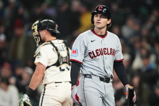 Guardians rookie Chase DeLauter hobbles off after fouling an Ohtani pitch off his foot