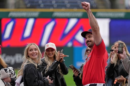 Guardians catcher Austin Hedges gets engaged on the field following game