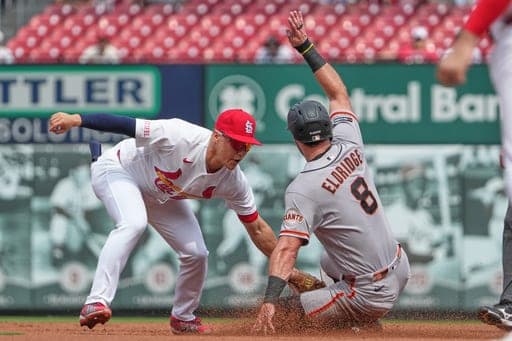 San Francisco Giants' Bryce Eldridge (8) is caught stealing as he is tagged out by St. Louis Cardinals second baseman JJ Wetherholt during the first inning of a baseball game Wednesday, Sept. 16, 2026, in St. Louis. (AP Photo/Jeff Roberson) (AP Photo/Jeff Roberson)