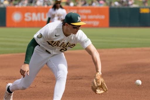 Athletics third baseman Zack Gelof fields a ball during the third inning of a baseball game against the Houston Astros Sunday, Sept. 27, 2026, in West Sacramento, Calif. (AP Photo/Sara Nevis) (AP Photo/Sara Nevis)