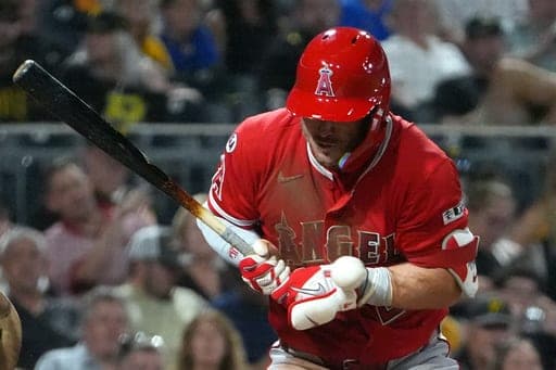 Los Angeles Angels' Mike Trout is hit by a pitch from Pittsburgh Pirates' Yohan Ramírez during the ninth inning of a baseball game in Pittsburgh, Saturday, Sept. 5, 2026. (AP Photo/Tom E. Puskar) (AP Photo/Tom E. Puskar)