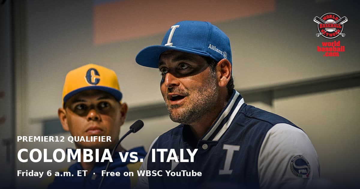 Colombia manager Giovanny Urshela and Italy manager Francisco Cervelli before the Premier12 Barcelona Qualifier.