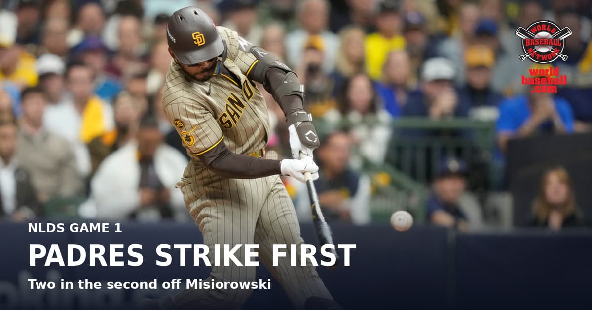 Padres catcher Luis Campusano hits an RBI single in the second inning of Game 1 of the National League Division Series.