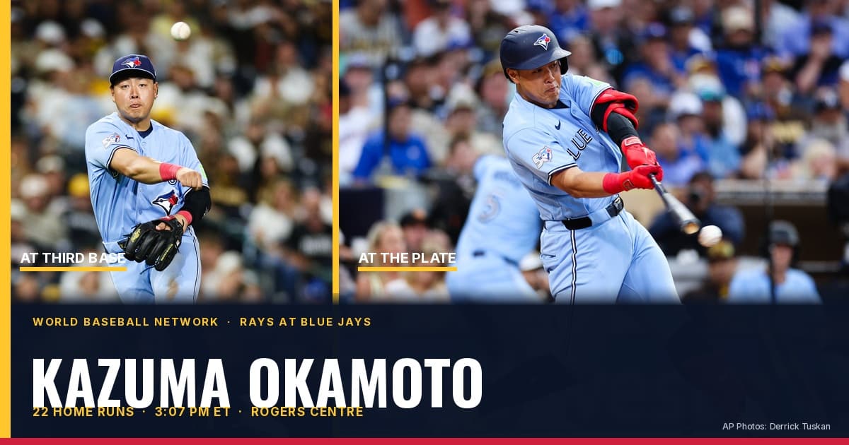 Kazuma Okamoto throws to first base and swings at a pitch for the Toronto Blue Jays