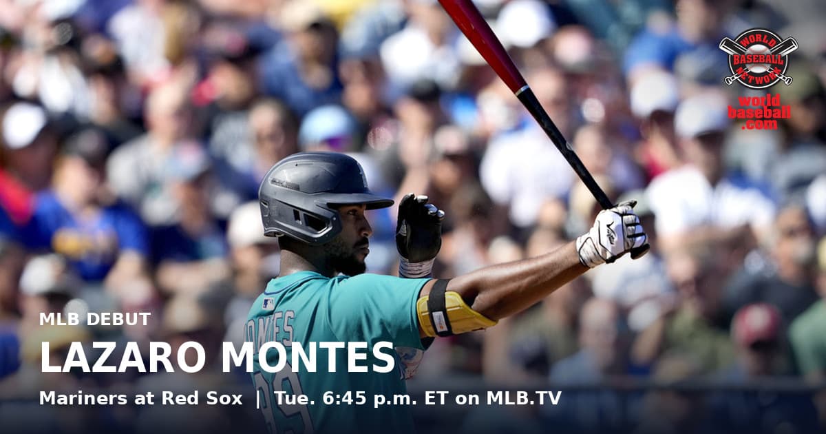 Lazaro Montes follows through on a swing in a Seattle Mariners teal jersey during a 2025 spring training game.