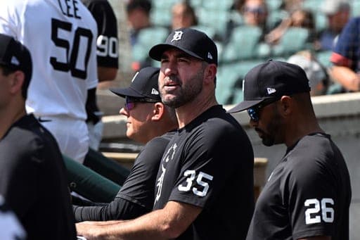Detroit Tigers pitcher Justin Verlander (35) watches from the dugout during the sixth inning of a baseball game against the Colorado Rockies, Sunday, Sept. 13, 2026, in Detroit. (AP Photo/Jose Juarez) (AP Photo/Jose Juarez)