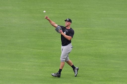 New York Yankees right fielder Aaron Judge works out before a baseball game against the San Diego Padres Sunday, Sept. 6, 2026, in San Diego. (AP Photo/Gregory Bull) (AP Photo/Gregory Bull)