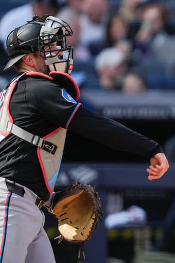 Marlins catcher Liam Hicks is struggling to throw out would-be base stealers