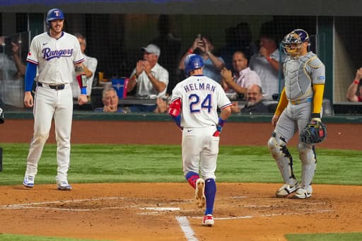 Michael Helman hits 2-run HR, make catch to prevent 2-run HR, as Rangers beat Brewers 5-4