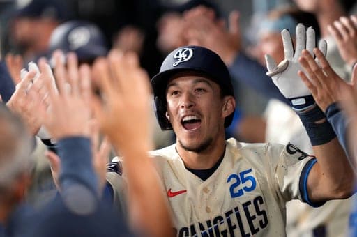 Los Angeles Dodgers' Tommy Edman is congratulated by teammates in the dugout after hitting a three-run home run during the seventh inning of a baseball game against the Washington Nationals, Saturday, Sept. 5, 2026, in Los Angeles. (AP Photo/Mark J. Terrill) (AP Photo/Mark J. Terrill)