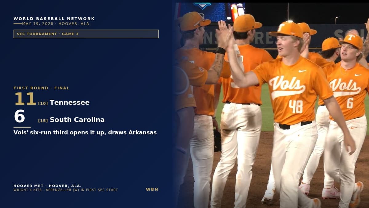 Tennessee Cruises Past South Carolina 11-6 Behind Six-Run Third, Sets Up SEC Tournament Showdown with Arkansas