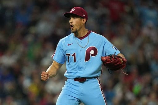 Philadelphia Phillies pitcher Alex McFarlane reacts during the seventh inning of a baseball game against the Milwaukee Brewers, Thursday, Sept. 24, 2026, in Philadelphia. (AP Photo/Matt Rourke) (AP Photo/Matt Rourke)