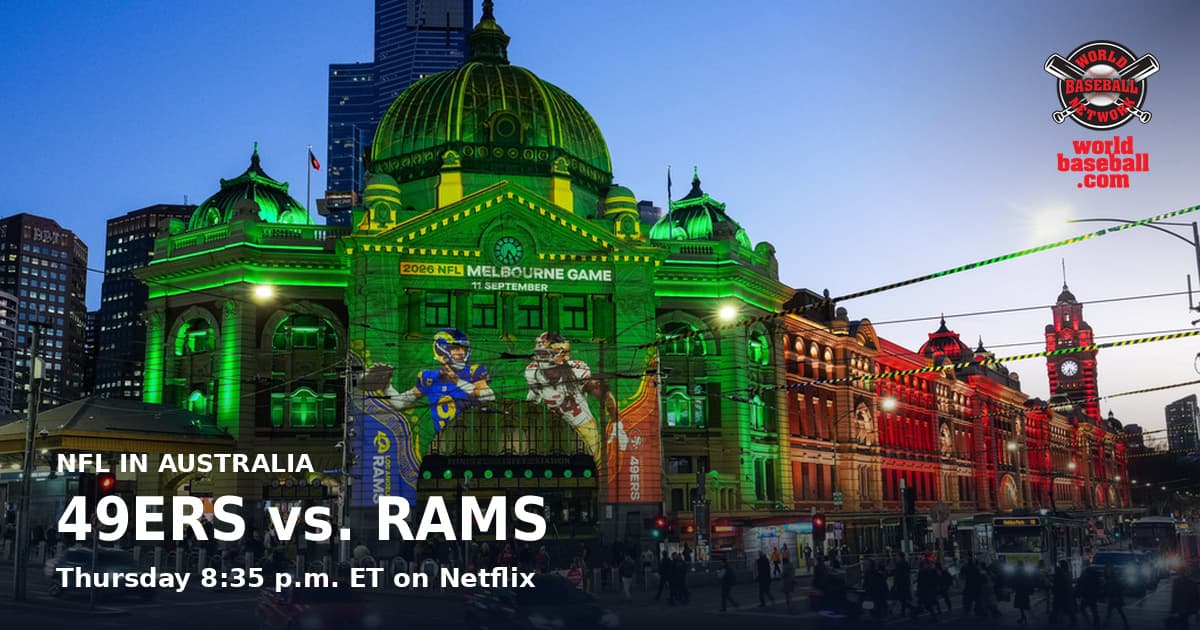 A projection of Rams and 49ers players lights up the facade of Flinders Street station in Melbourne ahead of the NFL's first regular-season game in Australia.