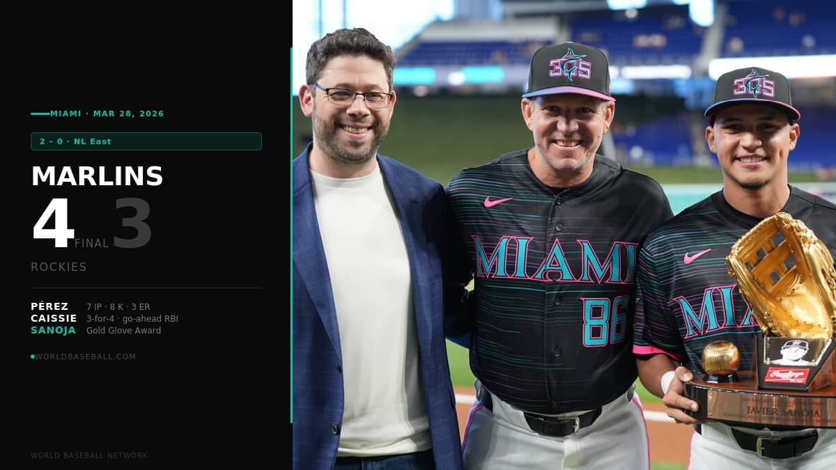 Javier Sanoja holds his Gold Glove Award alongside manager Clayton McCullough (86) and president of baseball operations Peter Bendix before the Marlins' 4–3 win over the Colorado Rockies on March 28, 2026, at loanDepot park. (AP Photo/Lynne Sladky) | Graphic: World Baseball Network