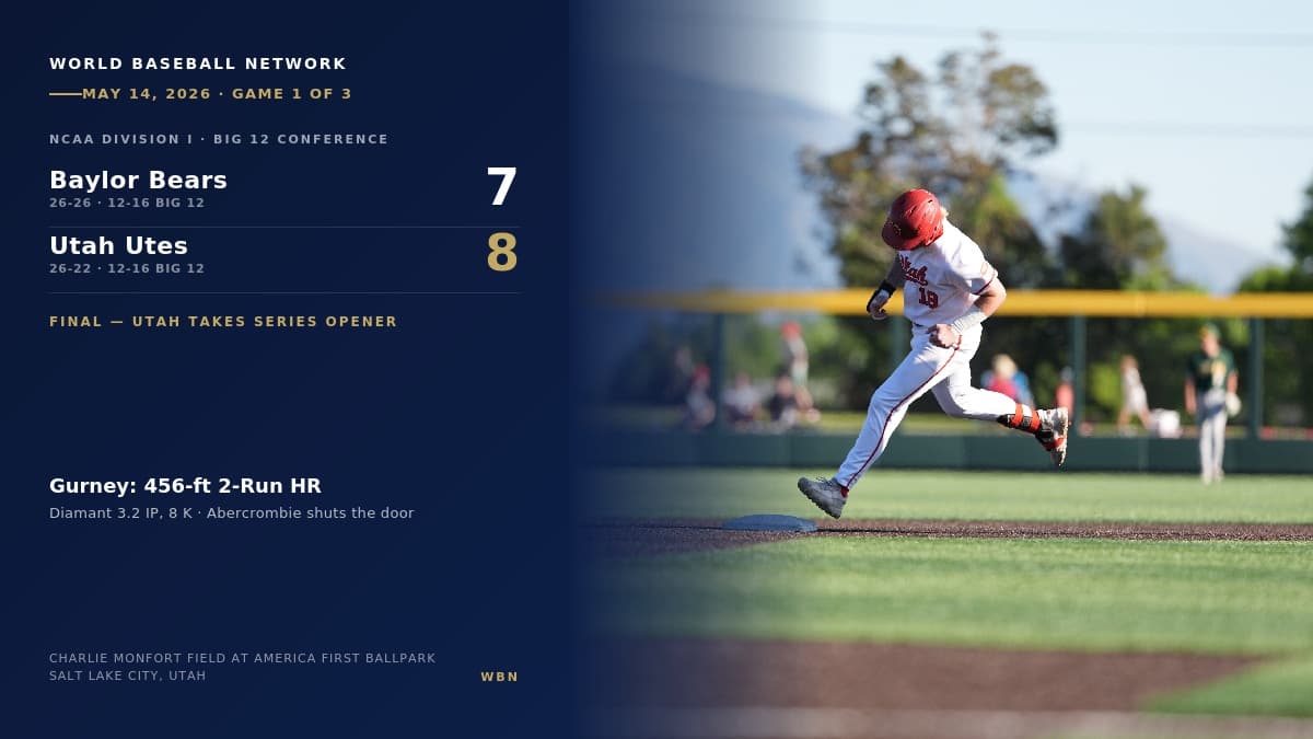 Utah Utes first baseman Cameron Gurney rounds second base after his 456-foot two-run home run during Utah's 8-7 win over the Baylor Bears at Charlie Monfort Field at America First Ballpark, May 14, 2026.