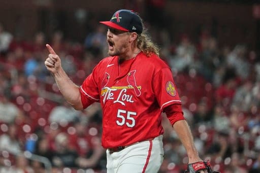 St. Louis Cardinals pitcher Ryne Stanek celebrates after getting Chicago White Sox's Miguel Vargas to ground out ending the top of the eighth inning of a baseball game Friday, Sept. 11, 2026, in St. Louis. (AP Photo/Jeff Roberson) (AP Photo/Jeff Roberson)