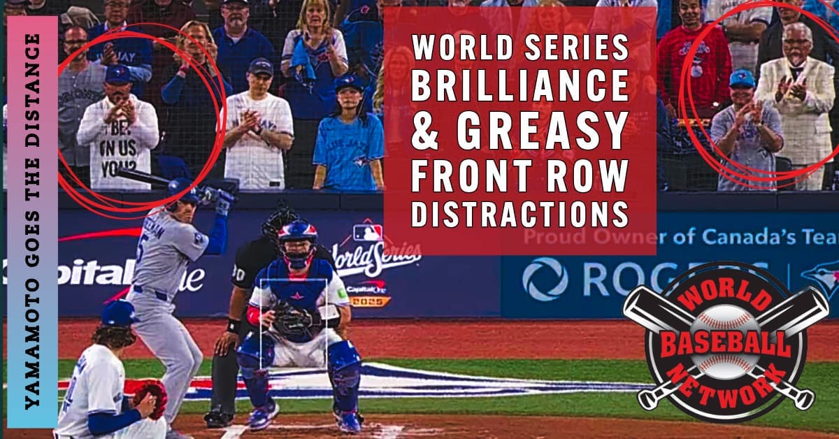 Yoshinobu Yamamoto pitching in the World Series as two viral fans sit behind home plate — one in a white “I BET ON US — YOU?” shirt and another dressed as Colonel Sanders — symbolizing the clash of great baseball and greasy marketing distractions.