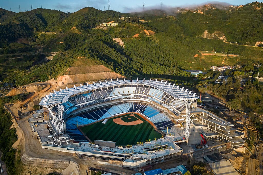 Title: Venezuela Baseball Caribbean Series Image ID: 23007807817690 Article: An aerial view of the La Rinconada baseball stadium in Caracas, Venezuela, Saturday, Jan. 7, 2023. The 65th edition of the Caribbean Series begins on Feb. 2, 2023 in Venezuela. Games will take place in Caracas at the La Rinconada and in La Guaira. (AP Photo/Matias Delacroix)