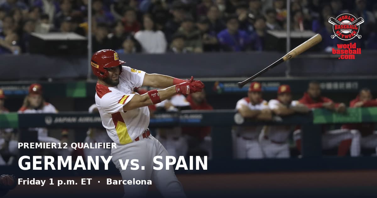 Spain’s Gabriel Lino loses his grip on the bat swinging during a World Baseball Classic qualifier against Taiwan.