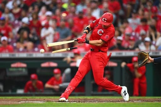 Cincinnati Reds' JJ Bleday (22) bats against the Milwaukee Brewers during the first inning of a baseball game in Cincinnati, Saturday, Sept. 5, 2026. (AP Photo/Ben Jackson) (AP Photo/Ben Jackson)