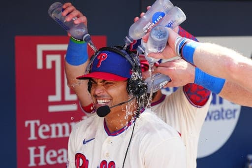 Philadelphia Phillies pitcher Jesús Luzardo is doused by teammates in the dugout after a baseball game against the Atlanta Braves, Monday, Sept. 7, 2026, in Philadelphia. (AP Photo/Derik Hamilton) (AP Photo/Derik Hamilton)