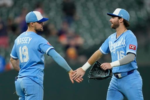 Kansas City Royals' Michael Massey (19) and John Rave (16) celebrate after a baseball game against the Houston Astros Wednesday, Sept. 16, 2026, in Houston. (AP Photo/David J. Phillip) (AP Photo/David J. Phillip)
