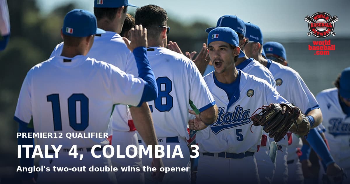 Italy’s Gabriele Angioi celebrates after the win over Colombia in the Premier12 Barcelona Qualifier opener.