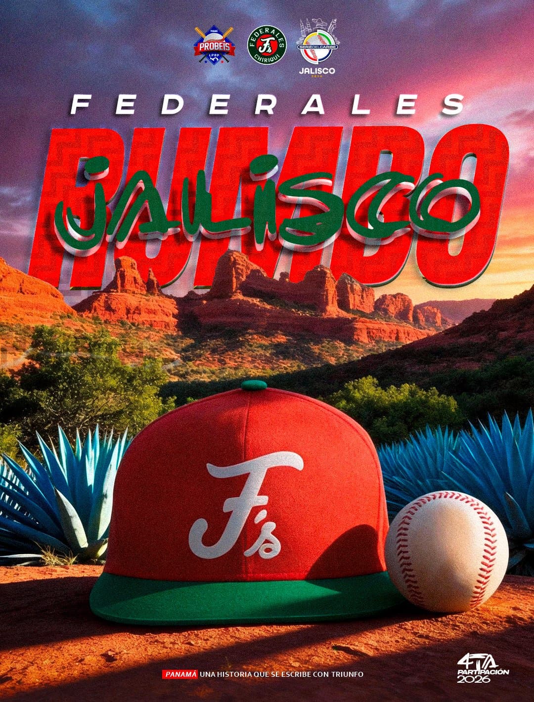 Jose Mayorga, manager of the Federales de Chiriquí, wearing a red team jersey and hat while drawing "Jalisco 2026" on a chalkboard to announce Panama's participation in the Caribbean Series.