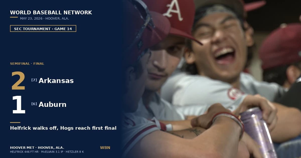 Arkansas 2, Auburn 1: Ryder Helfrick’s 446-Foot Solo Home Run Sends Cinderella No. 7 Razorbacks to First-Ever SEC Tournament Championship Game