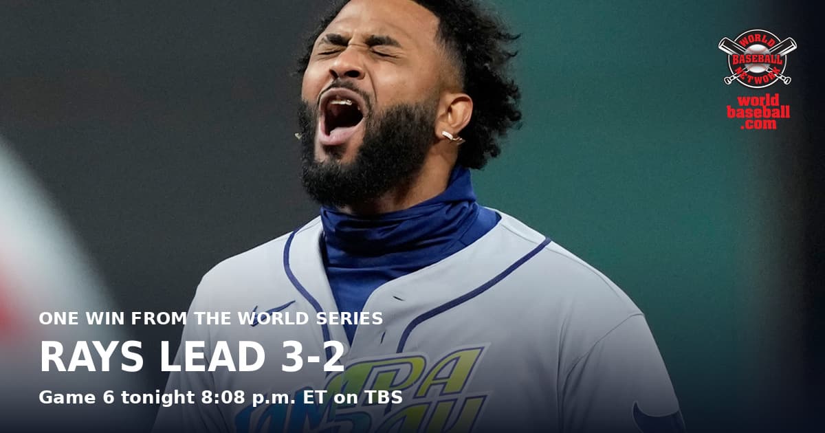 Tampa Bay Rays third baseman Junior Caminero roars in celebration after an RBI double in the sixth inning of Game 4 of the American League Championship Series against the Cleveland Guardians in Cleveland on Oct. 17, 2026.