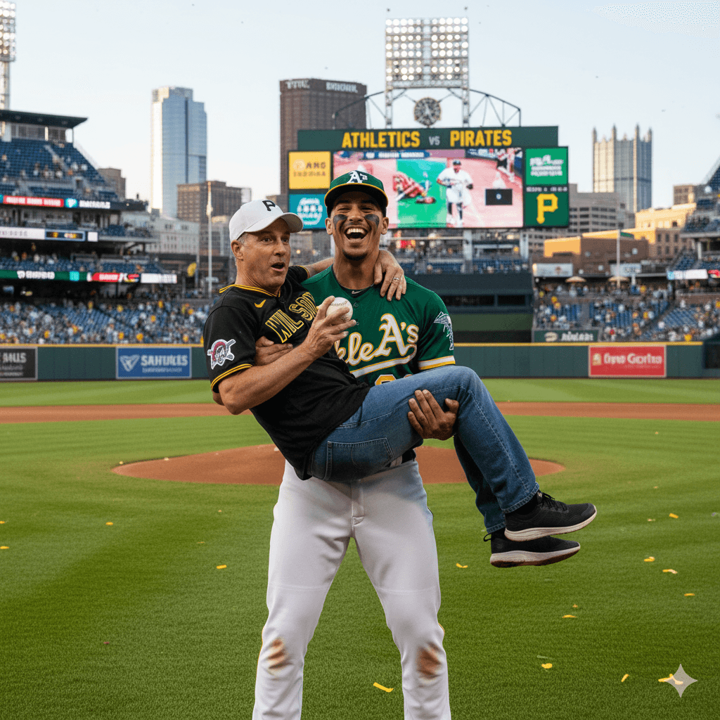 WorldBaseball.com had #nanobanana recreate what it would be like if #JacobWilson picked up his dad #JackWilson after ceremonial first pitch. #DadMoment #GoogleAi