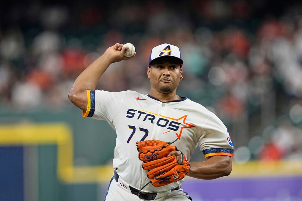 Title: Angels Astros Baseball Image ID: 25244658634684 Article: Houston Astros starting pitcher Luis Garcia throws against the Los Angeles Angels during the first inning of a baseball game Monday, Sept. 1, 2025, in Houston. (AP Photo/David J. Phillip)