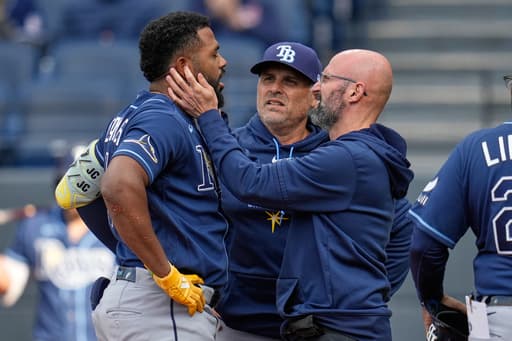 Rays’ third baseman Junior Caminero leaves game vs. Guardians due to bruised jaw