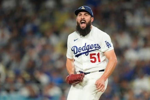 Los Angeles Dodgers pitcher Alex Vesia yells after walking San Diego Padres' Ty France during the eighth inning of a baseball game Tuesday, Sept. 22, 2026, in Los Angeles. (AP Photo/Mark J. Terrill) (AP Photo/Mark J. Terrill)