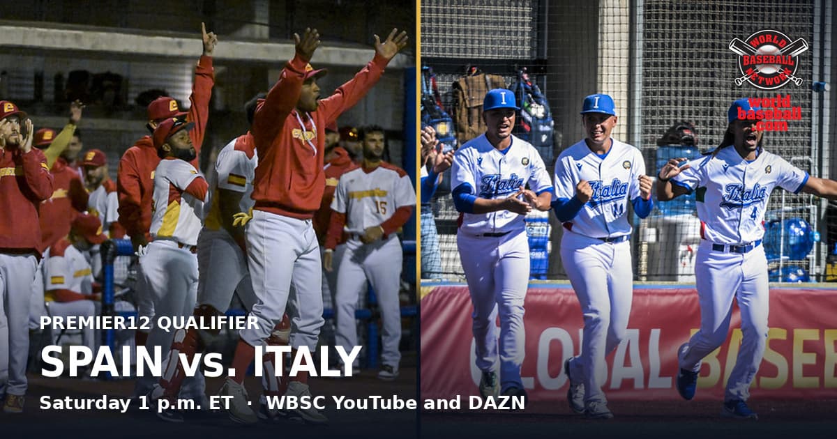 Spain’s players celebrate from the dugout at night alongside Italy’s players celebrating in daylight, both during Friday wins at the Premier12 Barcelona Qualifier.