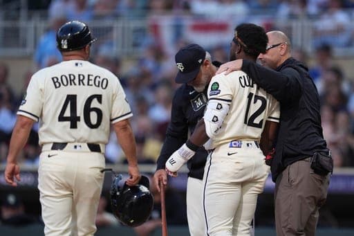 Minnesota Twins' Kaelen Culpepper (12) is attended to after being hit by a pitch during the third inning of a baseball game against the Cleveland Guardians in Minneapolis, Saturday, Sept. 12, 2026. (AP Photo/Abbie Parr) (AP Photo/Abbie Parr)