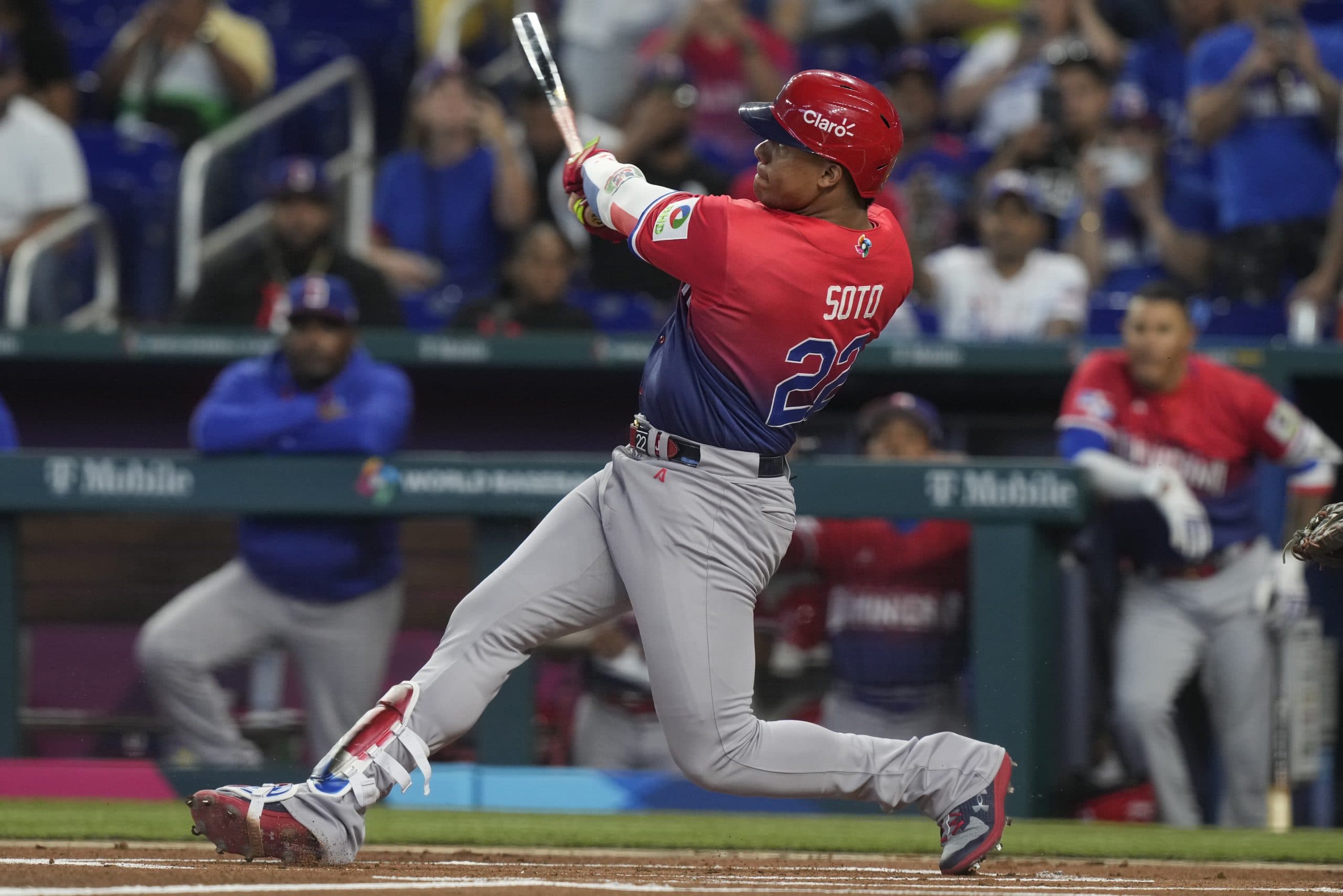 Dominican Republic Juan Soto (22) hits a single to left field during the first inning of a World Baseball Classic game against Nicaragua, Monday, March 13, 2023, in Miami.