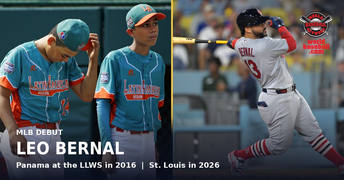 Leo Bernal with Panama at the 2016 Little League World Series alongside Bernal batting for the Cardinals in his 2026 major league debut.