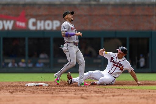 Atlanta Braves Drake Baldwin (30), right, steals second base against Arizona Diamondbacks second baseman Ketel Marte (4), left, during the third inning of a baseball game, Sunday, Aug. 16, 2026, in Atlanta. (AP Photo/Erik Rank) (AP Photo/Erik Rank)