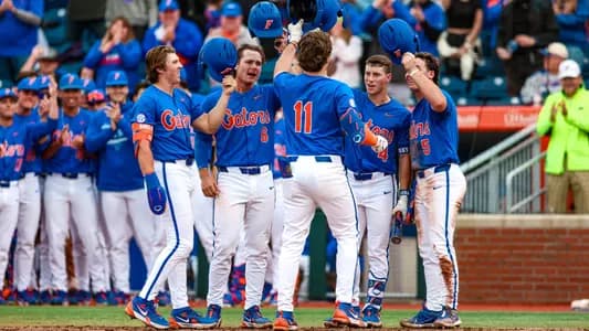 Brendan Lawson celebrates home run. Photo credit to University of Florida