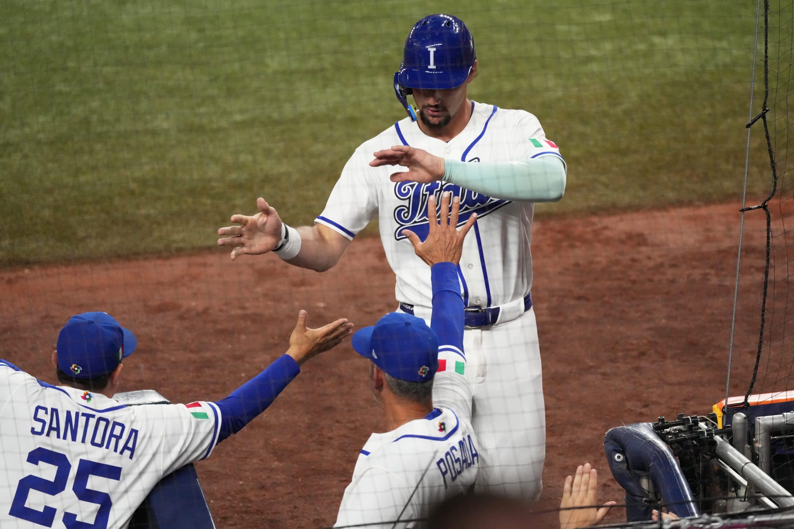 Italy Jac Caglianone celebrates after scoring during the second inning of a World Baseball Classic semifinal game against Venezuela, Monday, March 16, 2026, in Miami. (AP Photo/Lynne Sladky)