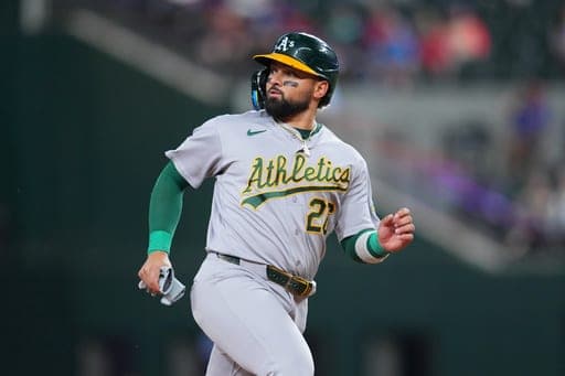 Athletics' Carlos Cortes runs the bases on a hit by Jonah Heim during the ninth inning of a baseball game against the Texas Rangers Monday, Aug. 31, 2026, in Arlington, Texas. (AP Photo/Julio Cortez) (AP Photo/Julio Cortez)
