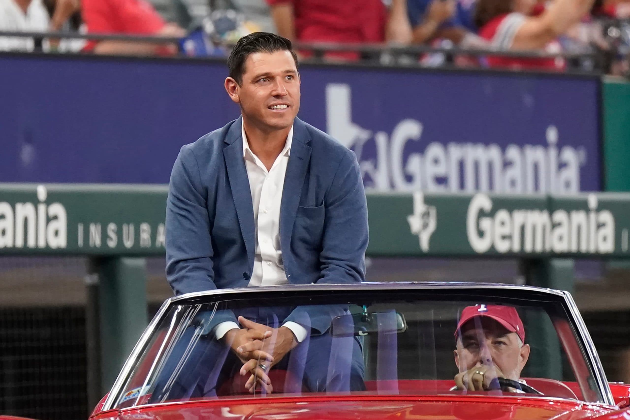 Ian Kinsler on field before Rangers game in 2022, now named Team Israel manager for 2026 World Baseball Classic