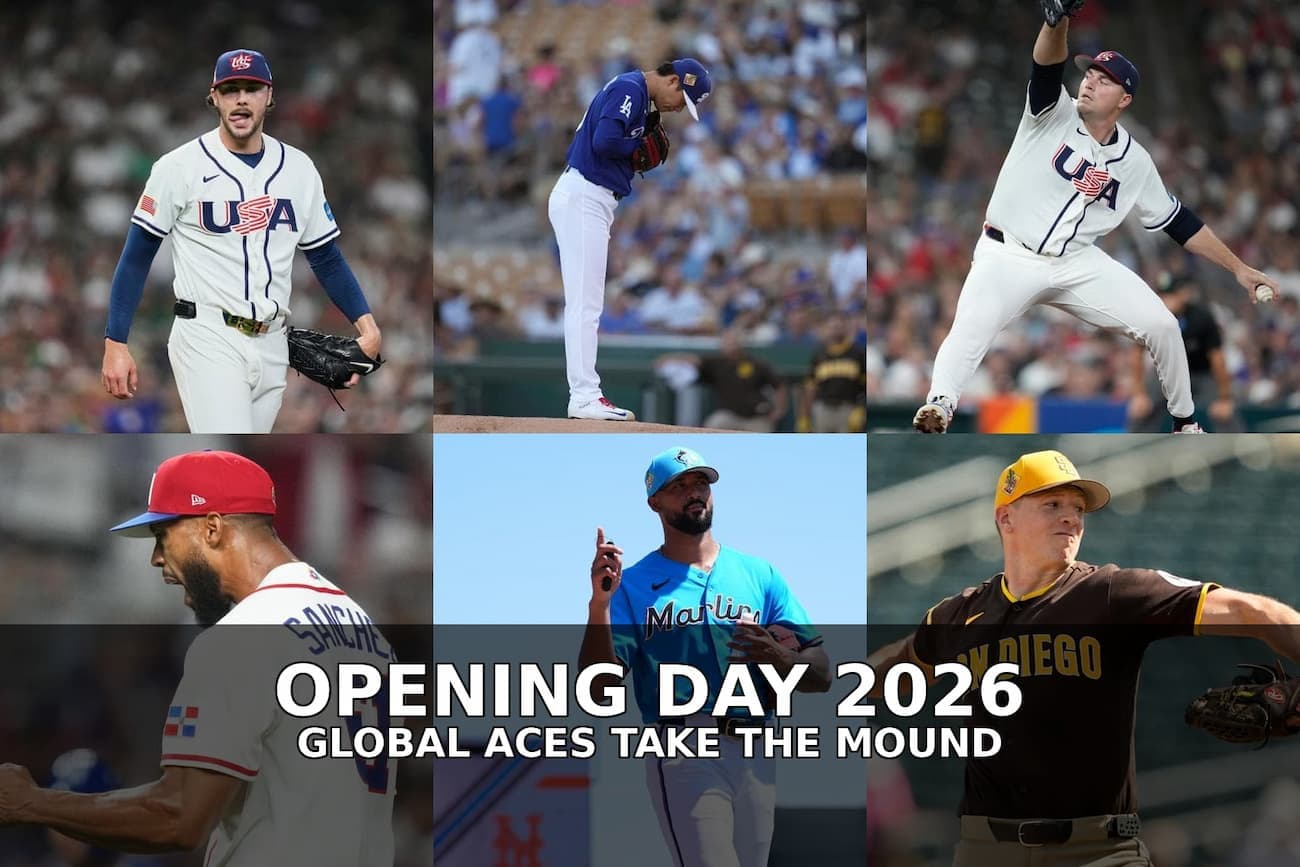 Collage of MLB pitchers including Paul Skenes, Yoshinobu Yamamoto, Tarik Skubal, Cristopher Sánchez, Sandy Alcantara, and Nick Pivetta ahead of 2026 Opening Day