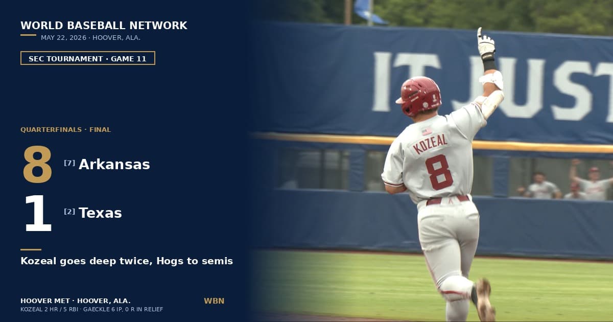 Arkansas 8, Texas 1: Cam Kozeal Homers Twice — Including a 450-Foot Speaker Shot — as Razorback Bullpen Carries 8.1 Scoreless Innings to Send Hogs to SEC Tournament Semifinals