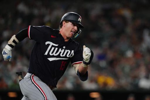 Minnesota Twins' Luke Keaschall runs after hitting an RBI double in the sixth inning during a baseball game against the Athletics, Monday, Aug. 24, 2026, in West Sacramento, Calif. (AP Photo/Alan Greth) (AP Photo/Alan Greth)