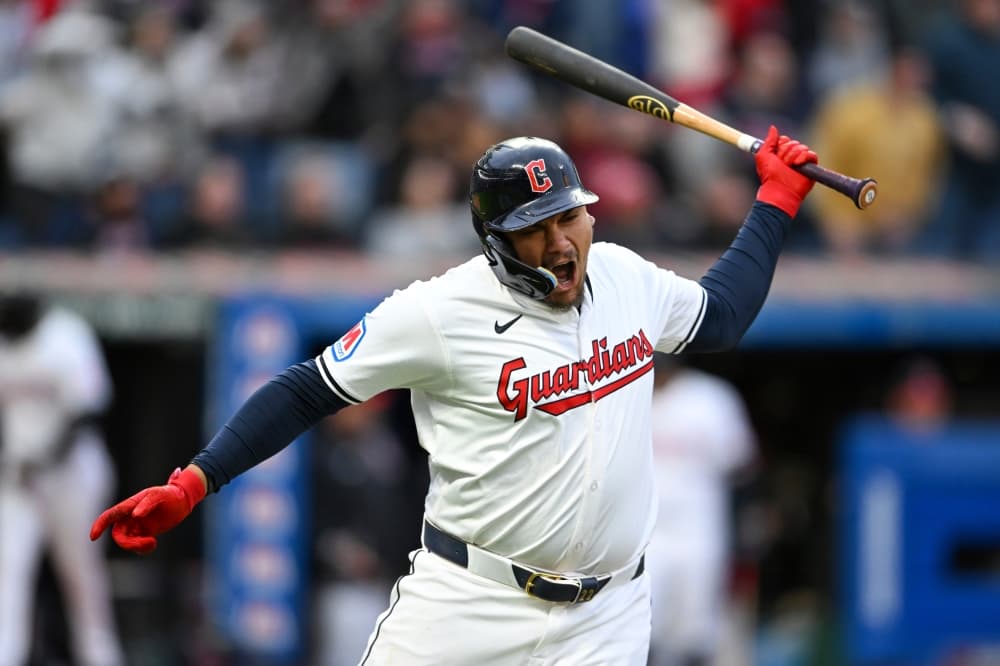 Batman: Guardians slugger Josh Naylor celebrates his homer by striking himself on the helmet