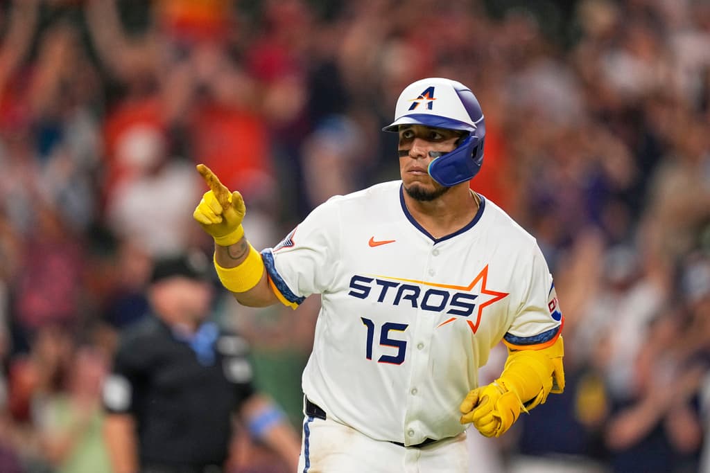 Title: Guardians Astros Baseball Image ID: 25189064236887 Article: Houston Astros' Isaac Paredes celebrates after hitting a home run against the Cleveland Guardians during the fifth inning of a baseball game Monday, July 7, 2025, in Houston. (AP Photo/David J. Phillip)